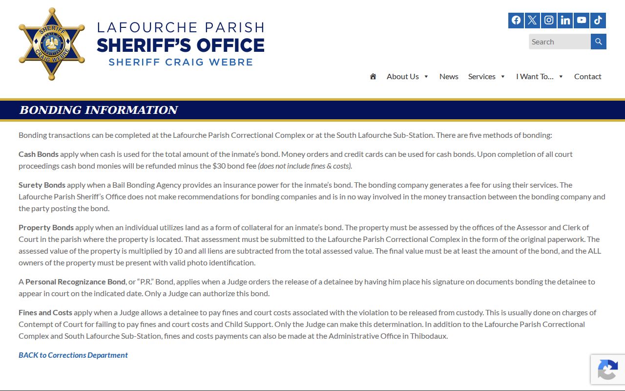 Lafourche Parish warrant bond methods listed on the LPSO corrections site
