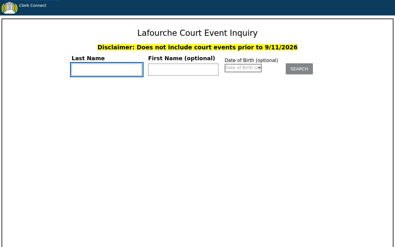 Lafourche Parish warrant search Clerk Connect court event portal
