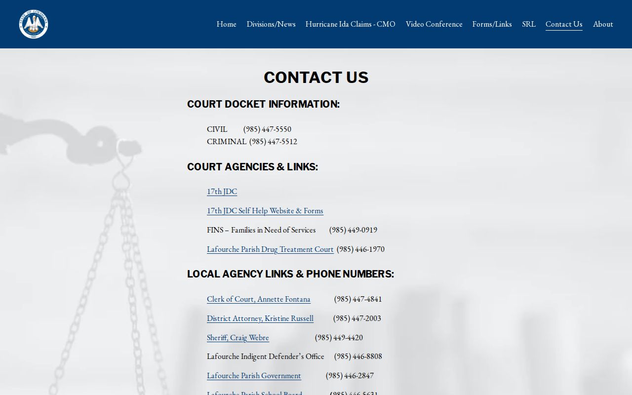 Seventeenth JDC criminal and civil phone lines for Lafourche Parish bench warrant questions