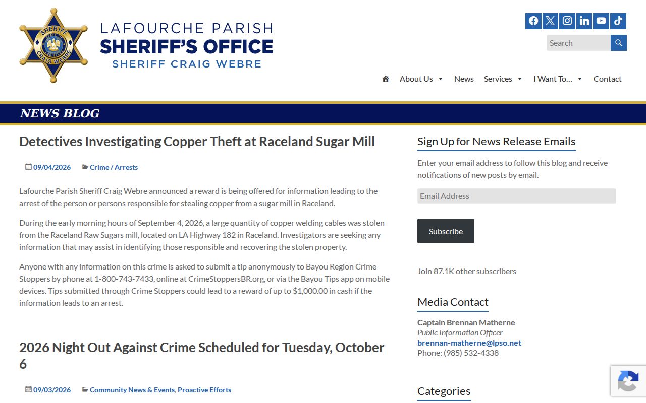 LPSO news archive showing the Lafourche Parish most wanted tip program interface