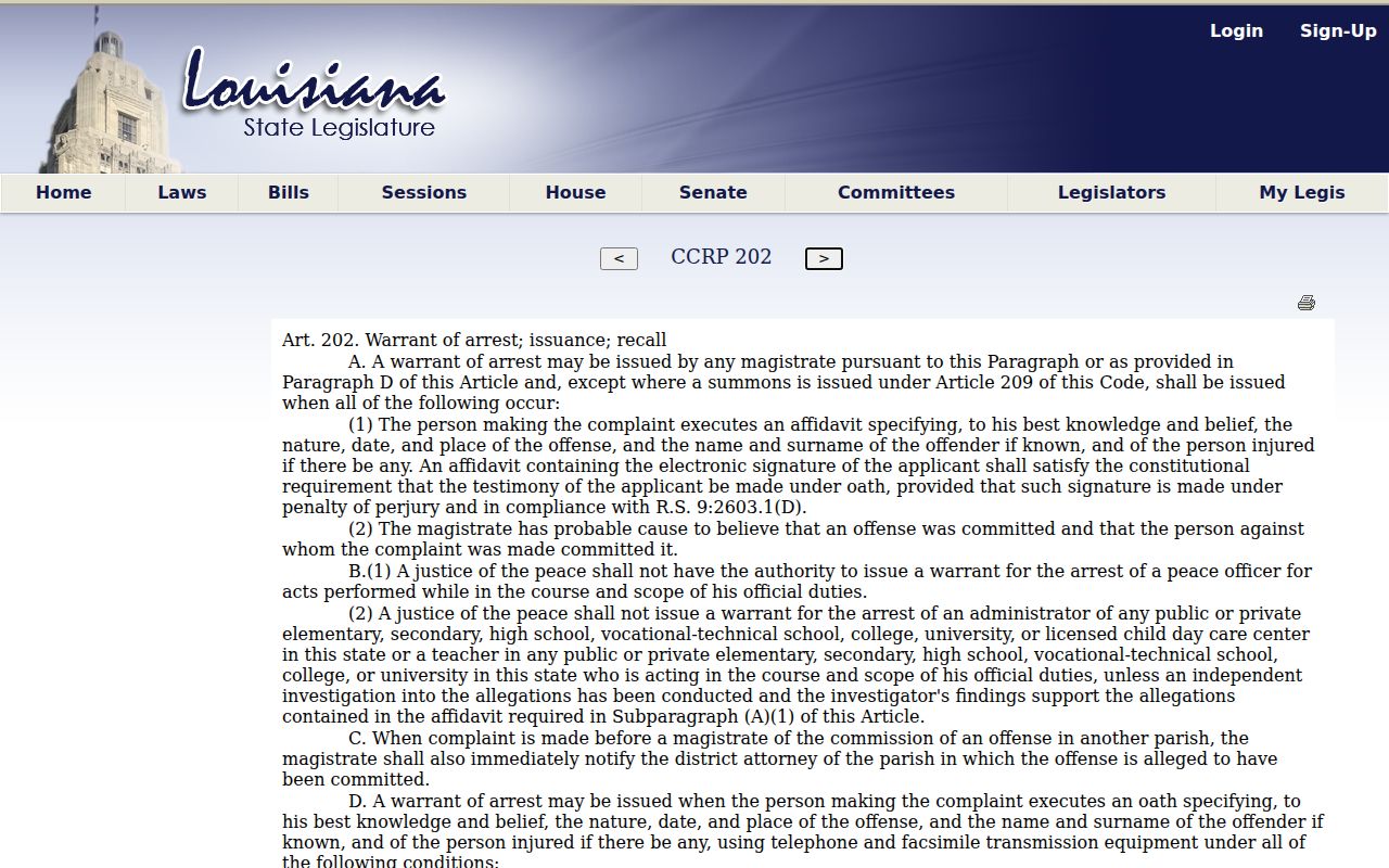Louisiana statute page for arrest warrant affidavit and probable cause in Lafourche Parish
