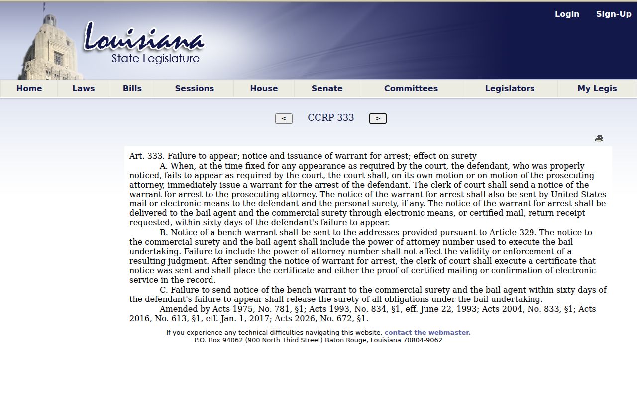Louisiana statute page for Lafourche Parish bench warrant issuance after failure to appear