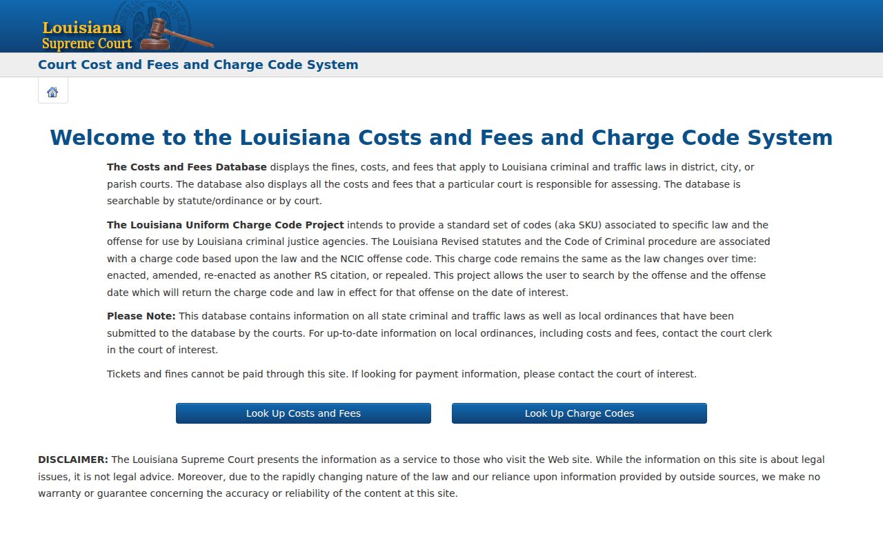 State judiciary cost and charge code tool for Lafourche Parish traffic warrant costs