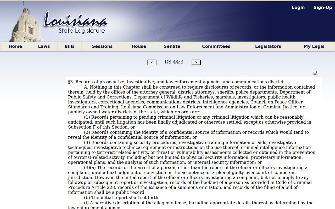 Louisiana public records exception page for Lafourche Parish municipal court warrant records