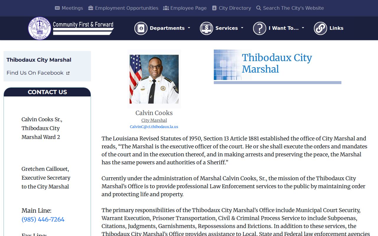 Thibodaux City Marshal page describing warrant execution duties