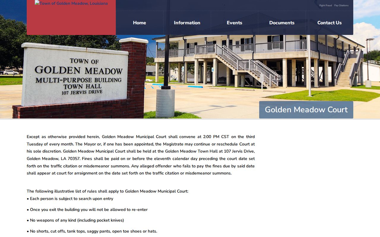 Golden Meadow Municipal Court time and building information used for warrant questions