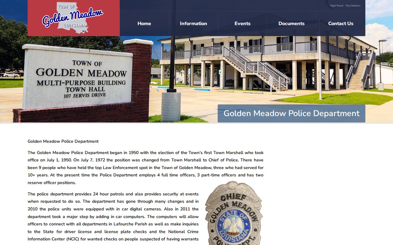 Golden Meadow Police Department page describing shared warrant inquiry capability